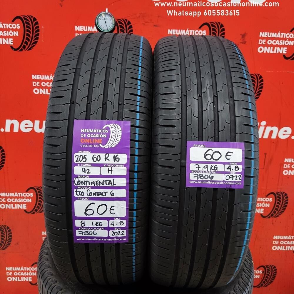[Ref.7806] 2x 205 60 R16 92H 4.8/4.8mm Continental Eco Contact 6 Ref.7806