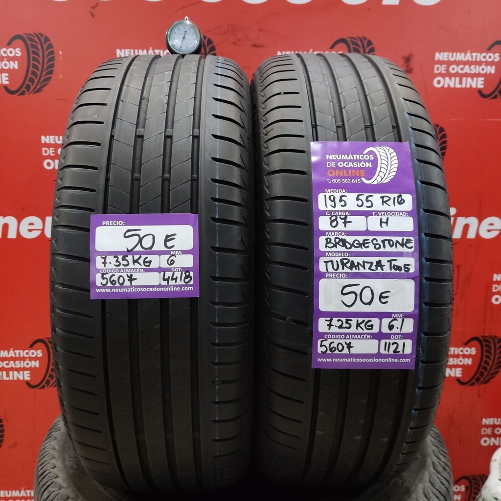 [Ref.5607] 2x 195 55 R 16 87H 6.0/6.1mm Bridgestone Turanza T005 Ref.5607