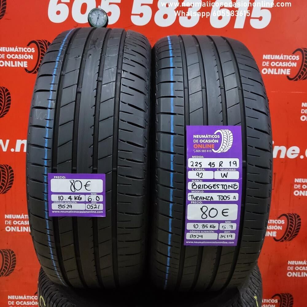 [Ref.8529] 2x 225 45 R19 92W 6.0/5.7 mm Bridgestone Turanza T005 A Ref.8529