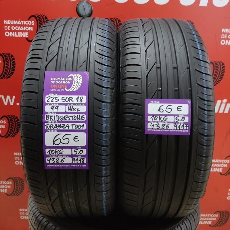 [Ref.4386] 2x 225 50 R18 99W XL 5.0/5.0mm Bridgestone Turanza Too1 Ref.4386