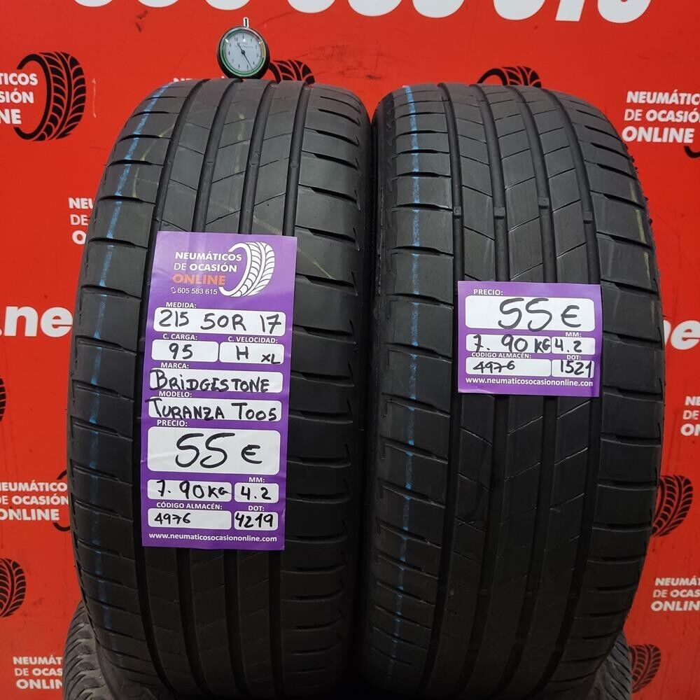 [Ref.4976] 2x 215 50 R17 95H XL 4.2/4.2mm Bridgestone Turanza Too5 Ref.4976