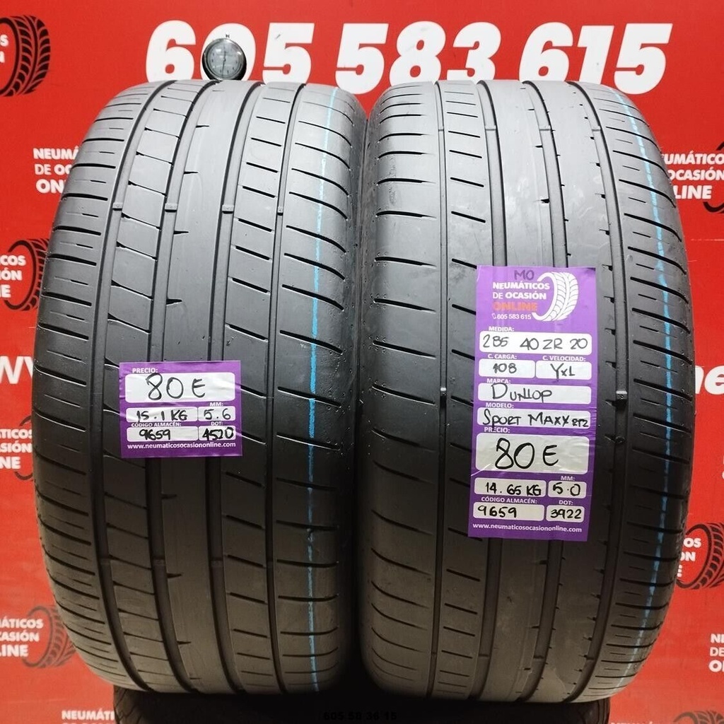 2x 285 40 ZR20 108YXL DUNLOP SPORT MAXX RT2 MO 5.6/5.0mm REF:9659