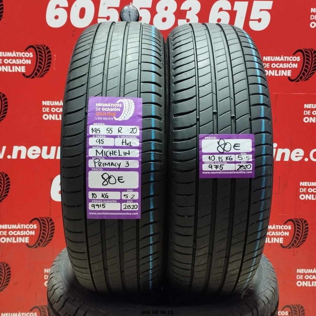 2x 195 55 R20 95HXL MICHELIN PRIMACY3 5.2/5.5mm REF:9715