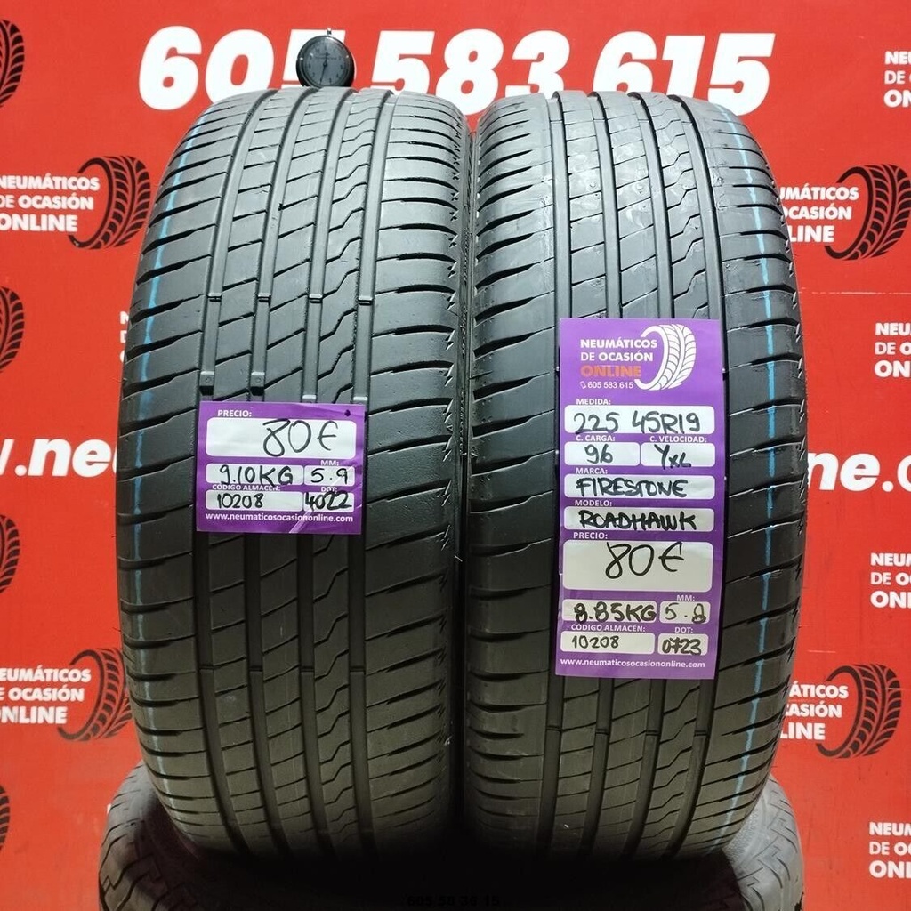 2x 225 45 R19 96Y XL FIRESTONE ROADHAWK 5.9/5.8mm REF:10208