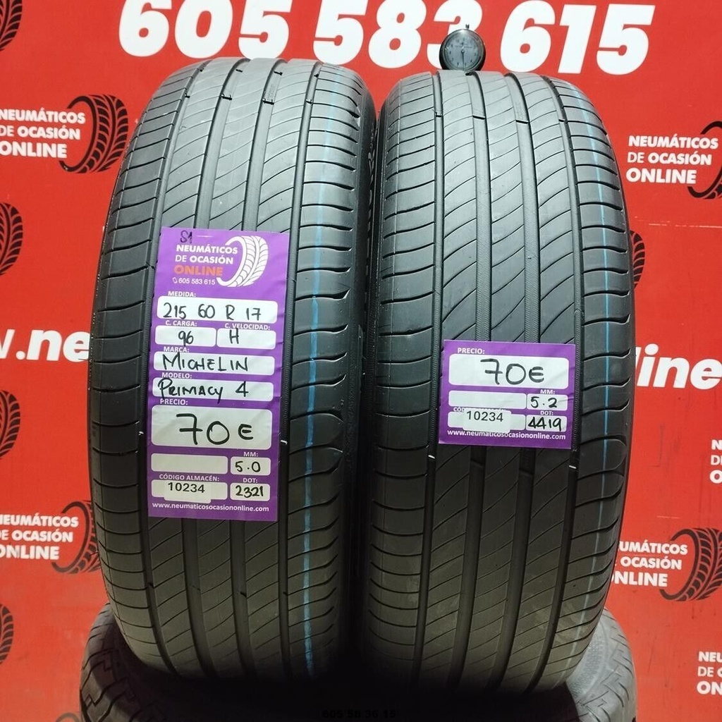 2x 215 60 R17 96H MICHELIN PRIMACY4 S1 5.0/5.2mm REF:10234