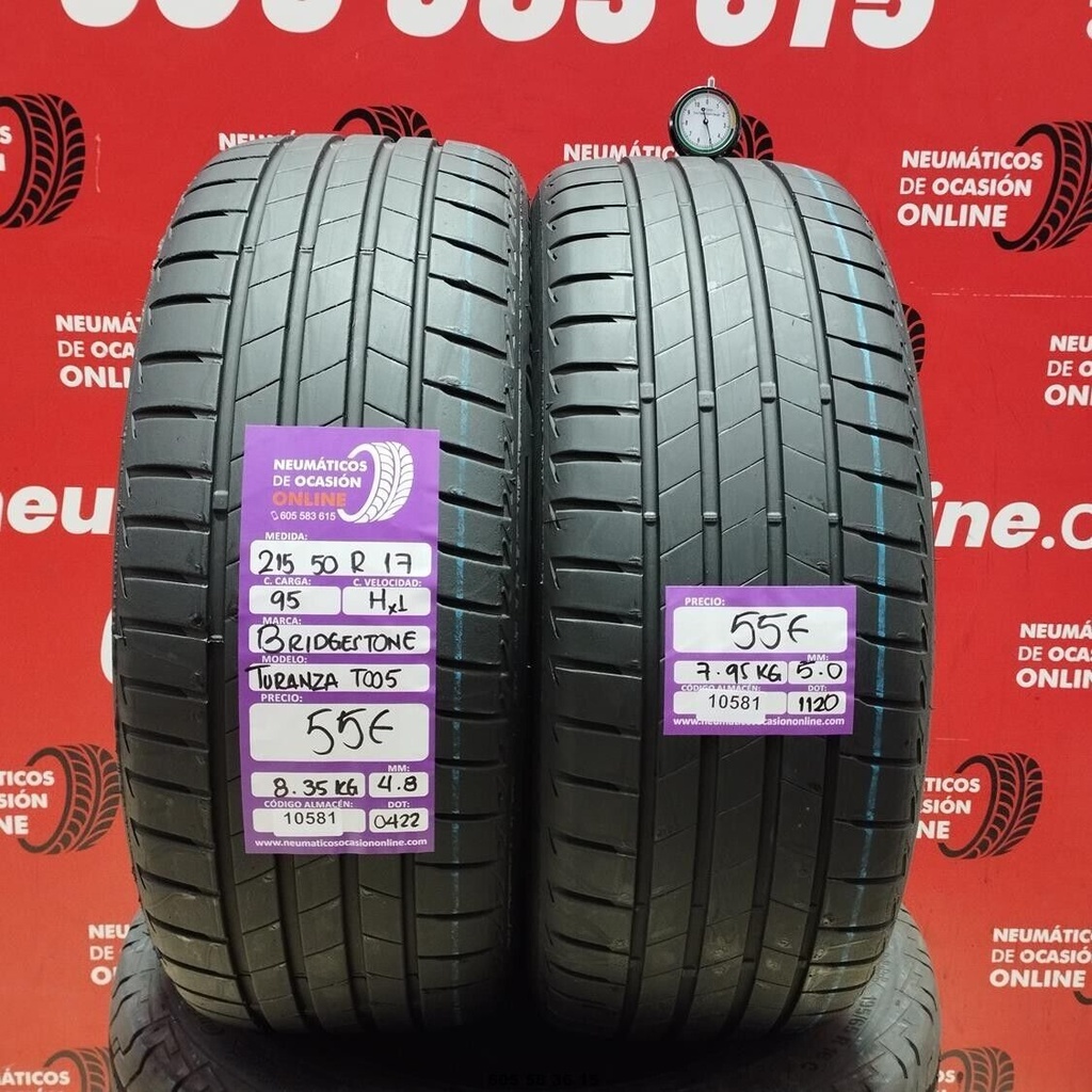 2x 215 50 R17 95HXL BRIDGESTONE TURANZA T005 4.8/5.0mm REF:10581