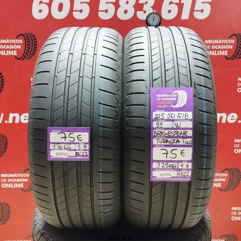 2x 225 50 R18 99W BRIDGESTONE TURANZA T005 5.8/5.8mm REF:10700