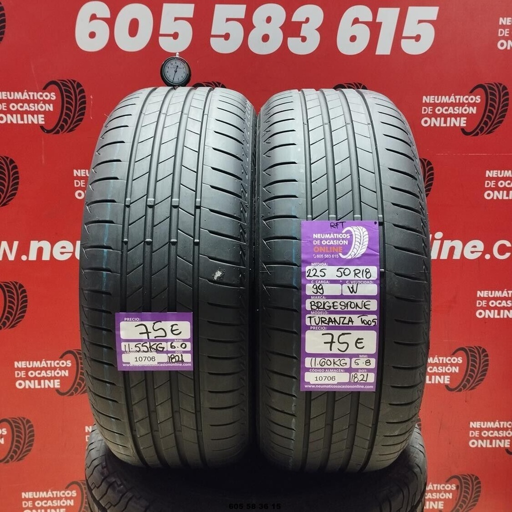 2x 225 50 R18 99W BRIDGESTONE TURANZA T005 RFT 6.0/5.8mm REF:10706