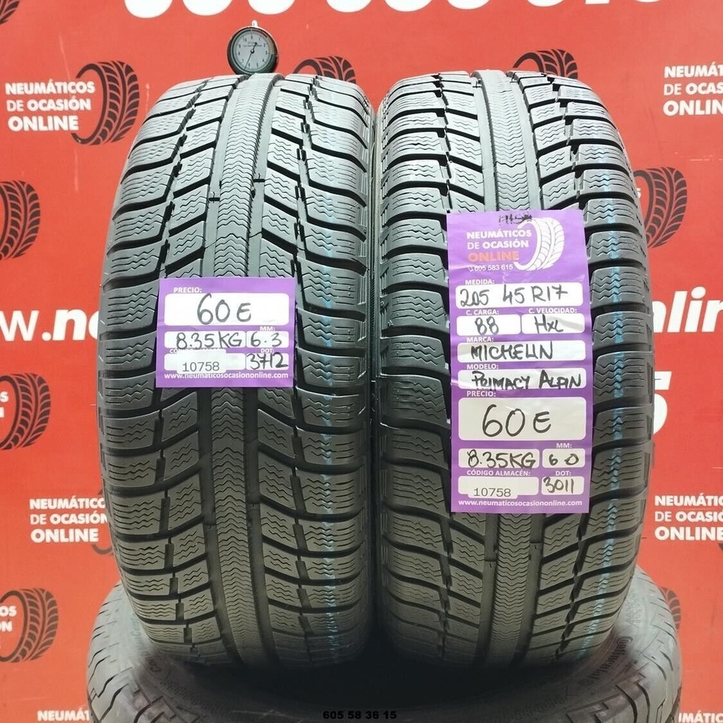 2x 205 45 R17 88HXL MICHELIN PRIMACY ALPIN M+S* 6.3/6.0mm REF:10758