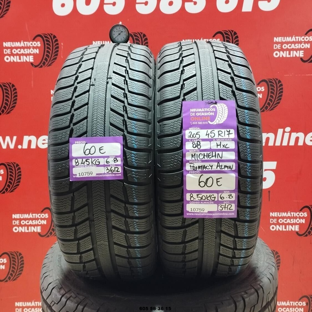 2x 205 45 R17 88HXL MICHELIN PRIMACY ALPIN M+S* 6.8/6.8mm REF:10759