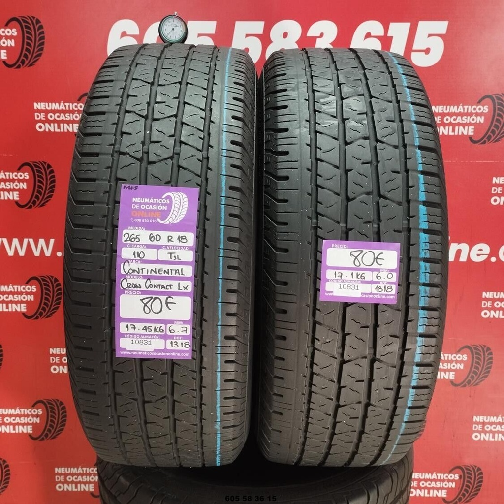 265 60 R18 110TSL CONTINENTAL CROSS CONTACT LX M+S 6.7/6.0mm REF:10831(venta de 1 Unidad)