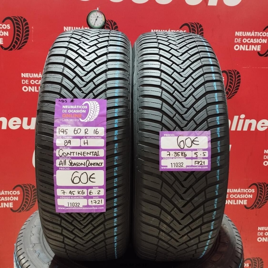 2x 195 60 R16 89H CONTINENTAL ALL SEASON CONTACT M+S* 6.2/5.5mm REF:11032