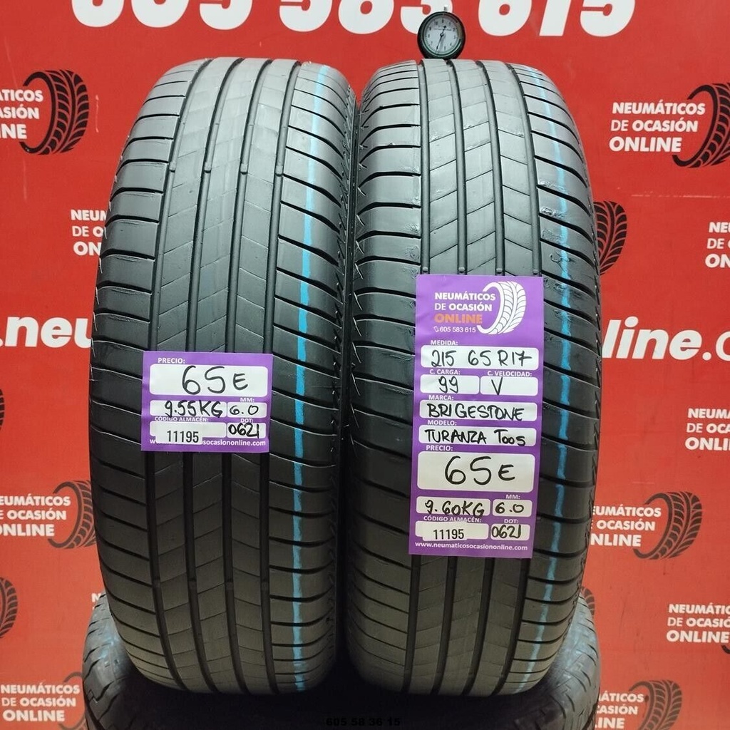 2x 215 65 R17 99V BRIDGESTONE TURANZA T005 6.0/6.0mm REF:11195