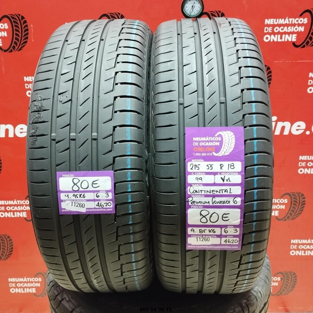 2x 215 55 R18 99V XL CONTINENTAL PREMIUM CONTACT6 6.3/6.3mm REF:11260