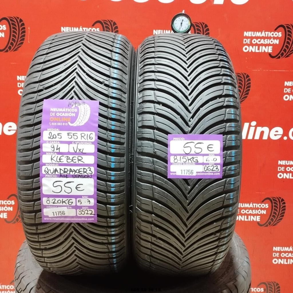 2x 205 55 R16 94VXL KLEBER QUADRAXER3 M+S* 5.7/6.0mm Ref.11756