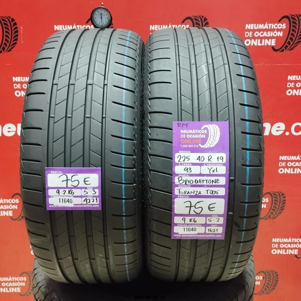 2x 225 40 R19 93YXL BRIDGESTONE TURANZA T005 RFT 5.3/5.2mm REF:11640