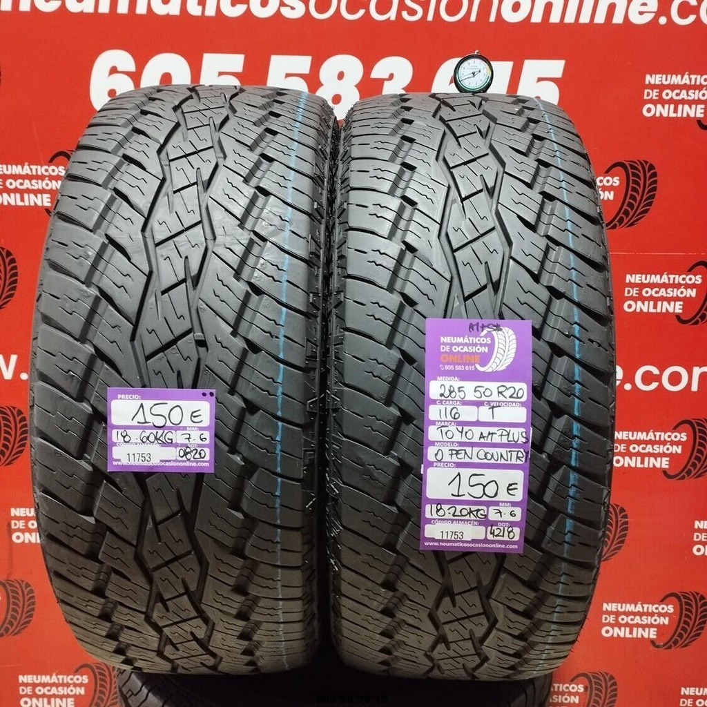 2x 285 50 R20 116T TOYO A/T PLUS OPEN COUNTRY M+S* 7.6/7.6mm REF:11753