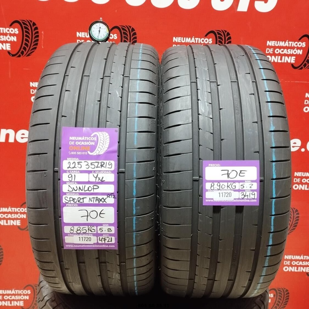 2x 225 35 Z R19 91YXL DUNLOP SPORT MAXX RT2 5.8/5.2mm REF:11720