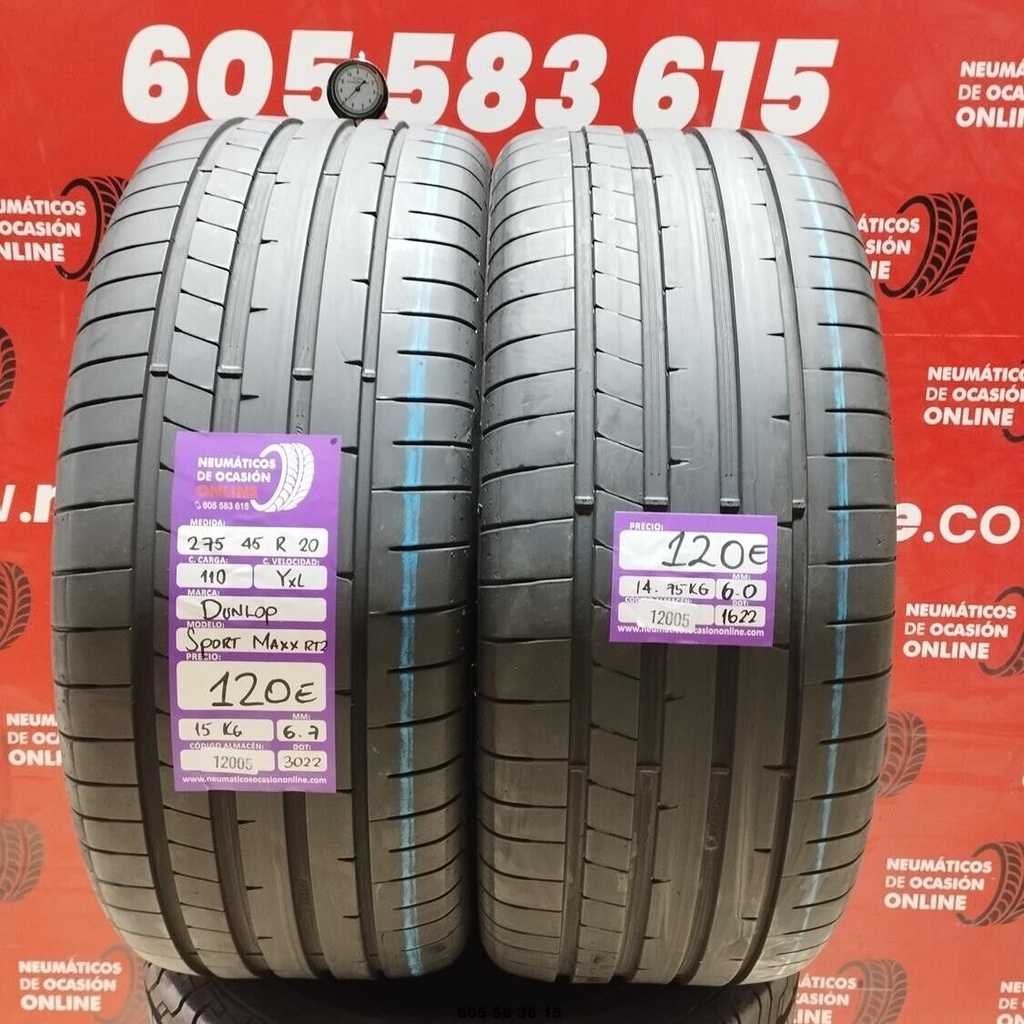 2x 275 45 R20 110YXL DUNLOP SPORT MAXX RT2 6.7/6.0mm REF:12005