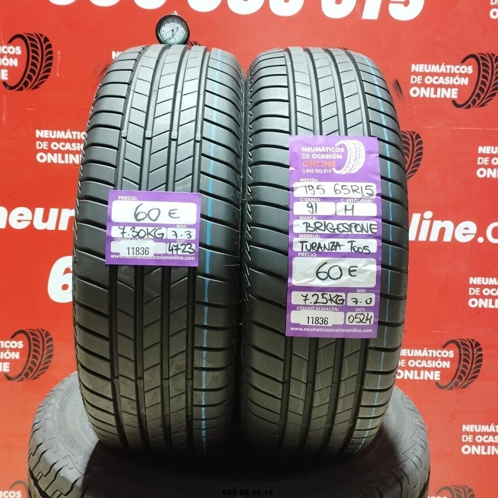 2x 195 65 R15 91H BRIDGESTONE TURANZA T005 7.3/7.0mm REF:11836