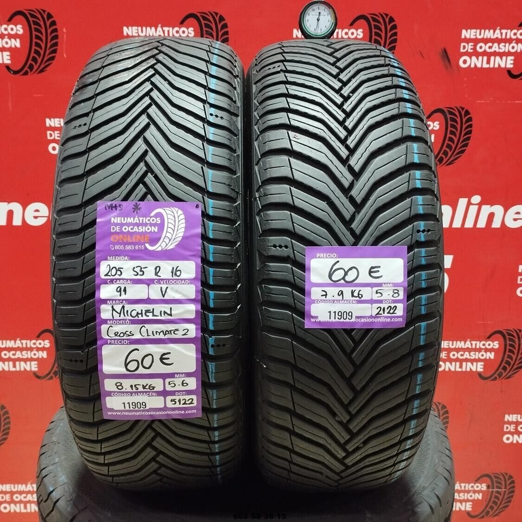 2x 205 55 R16 91V MICHELIN CROSS CLIMATE2 M+S* 5.6/5.8mm REF:11909