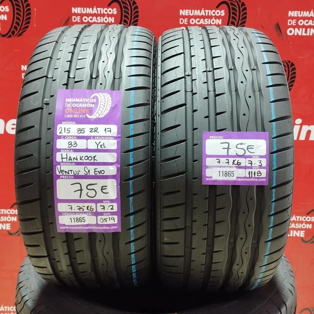 2x 215 35 Z R17 83YXL HANKOOK VENTUS S1 EVO 7.2/7.3mm REF:11865