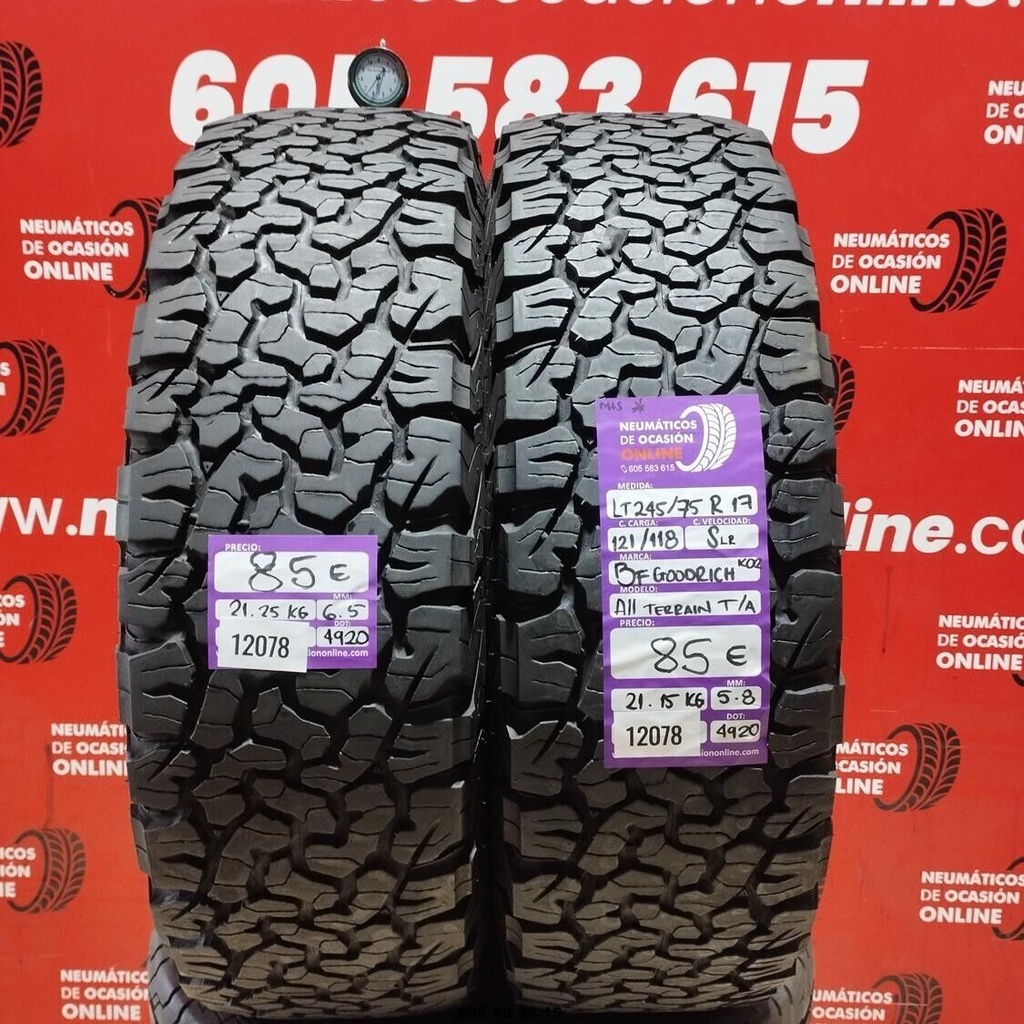 2x 245 75 R17 121/118SLR BFGOODRICH ALLTERRAIN T/A M+S* 6.5/5.8mm REF:12078