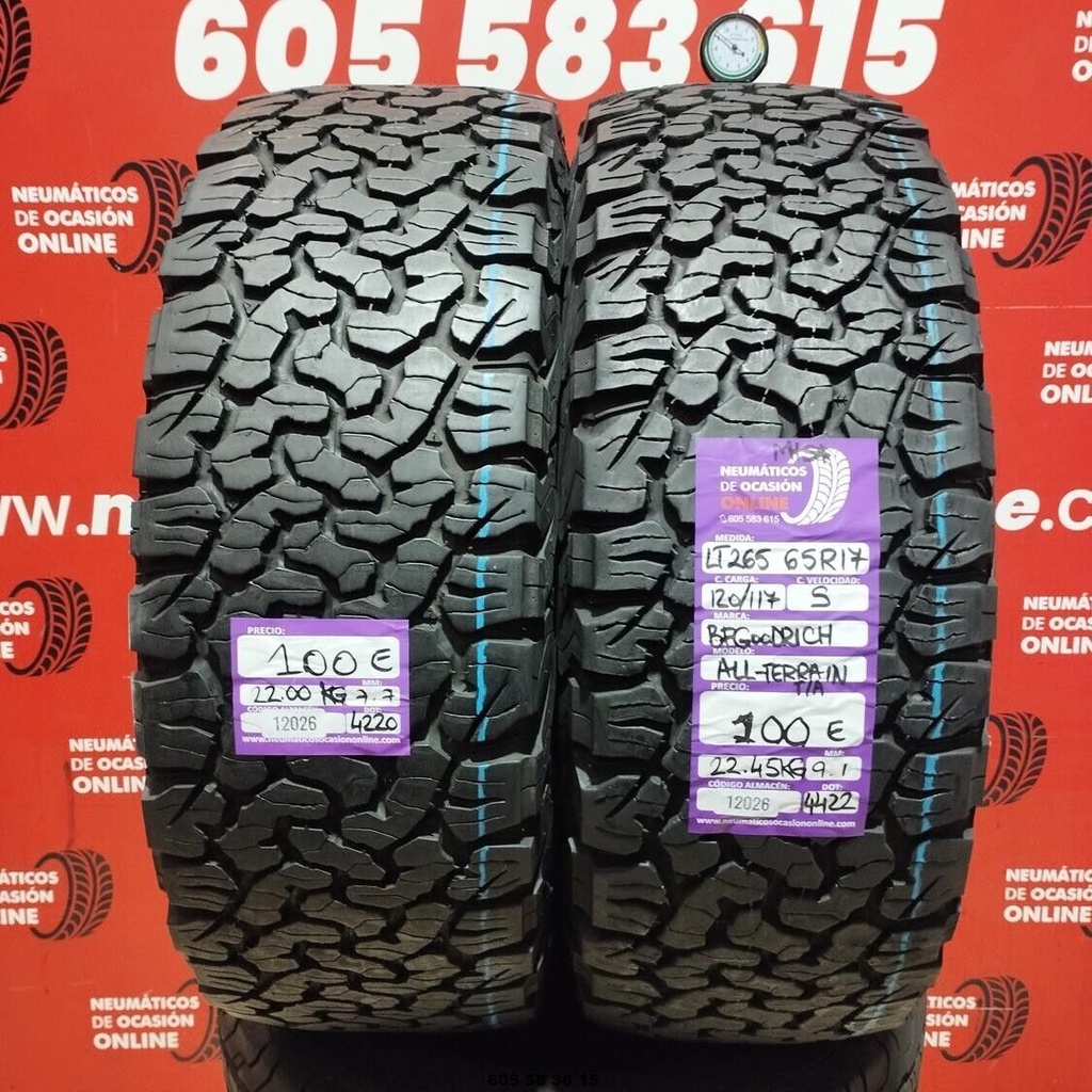 2x 265 65 R17 120/117S BFGOODRICH ALL-TERRAIN 7.7/9.1mm REF:12026