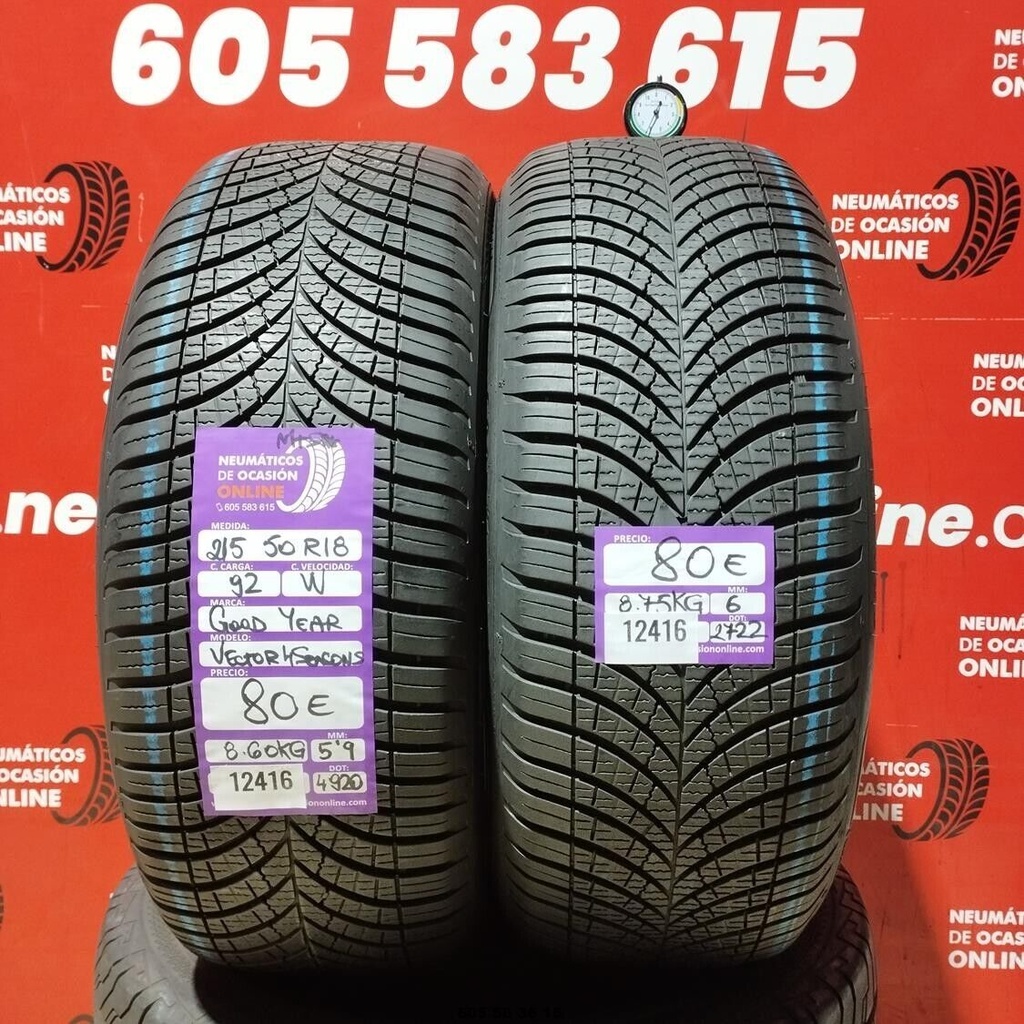 2x 215 50 R18 92W GOODYEAR VECTOR 4SEASONS M+S* 5.9/6.0mm REF:12416