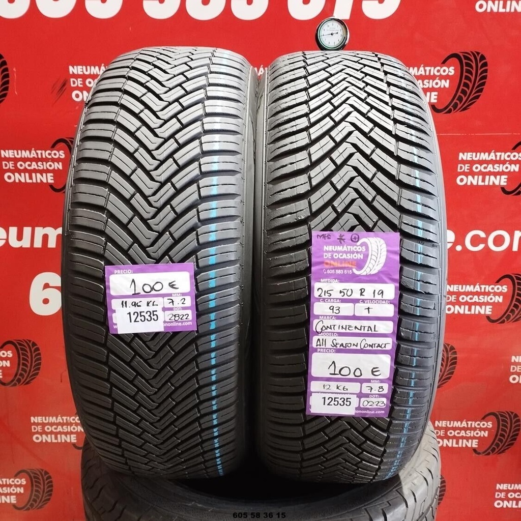 2x 215 50 R19 93T CONTINENTAL ALLSEASON CONTACT M+S* 7.2/7.8mm REF:12535