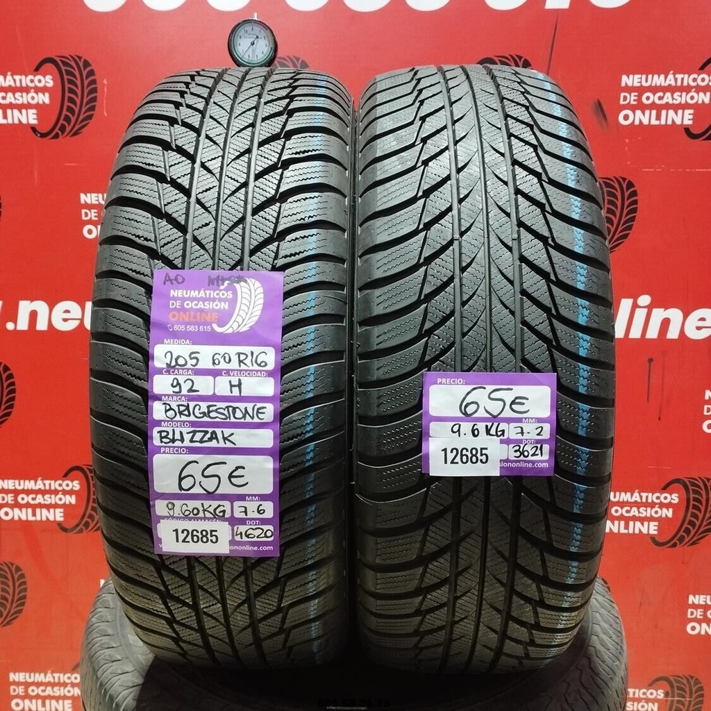 2x 205 60 R16 92H BRIDGESTONE BLIZZAK AO M+S* 7.6/7.2mm Ref.12685