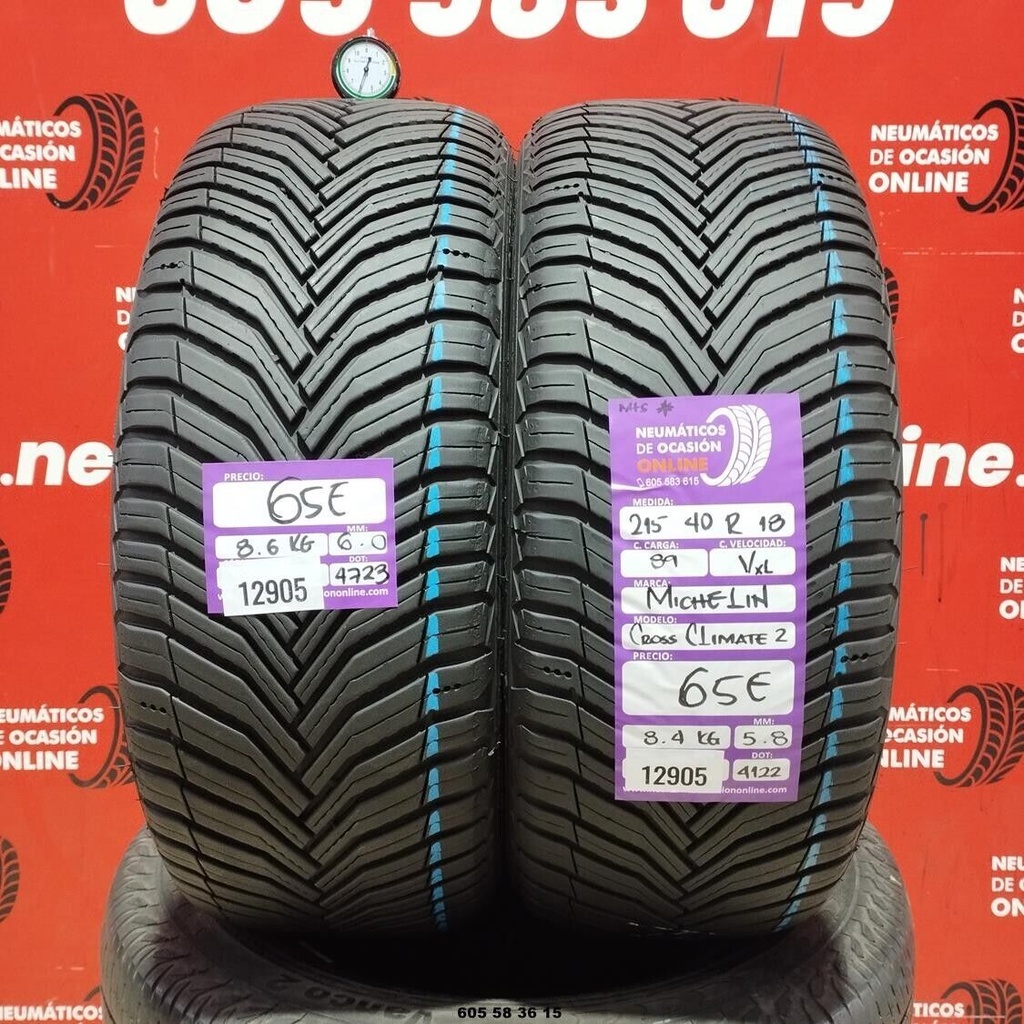 2x 215 40 R18 89VXL MICHELIN CROSS CLIMATE2 M+S* 6.0/5.8mm REF:12905