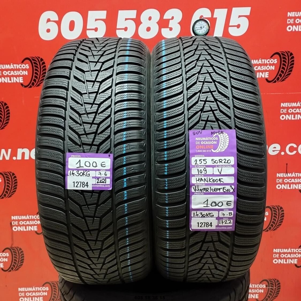 2x 255 50 R20 109V HANKOOK WINTER ICEPT EVO SUV M+S* 7.6/7.8mm REF:12784