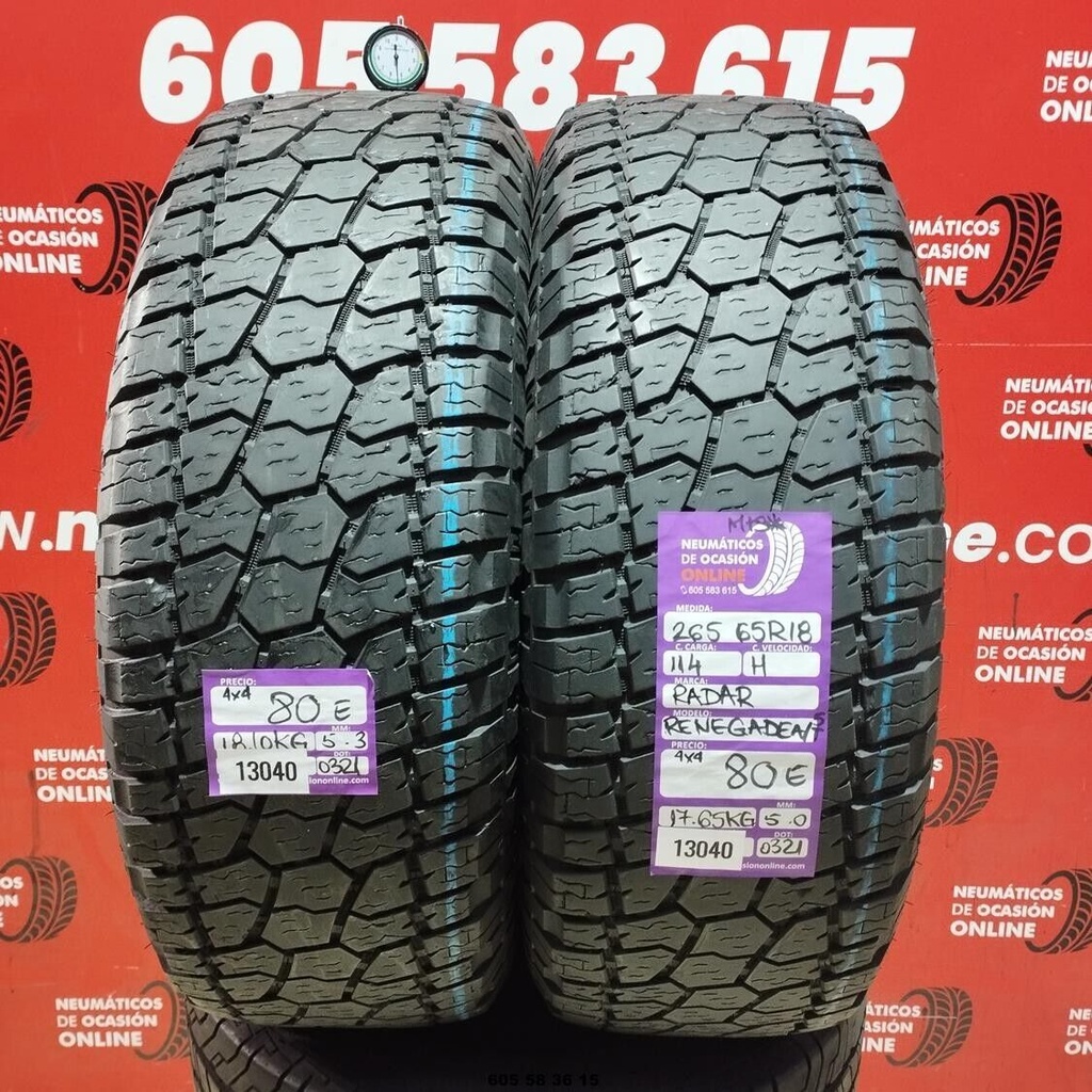 2x 265 65 R18 114H RADAR RENEGADE A/T 4X4 M+S* 5.3/5.0mm REF:13040