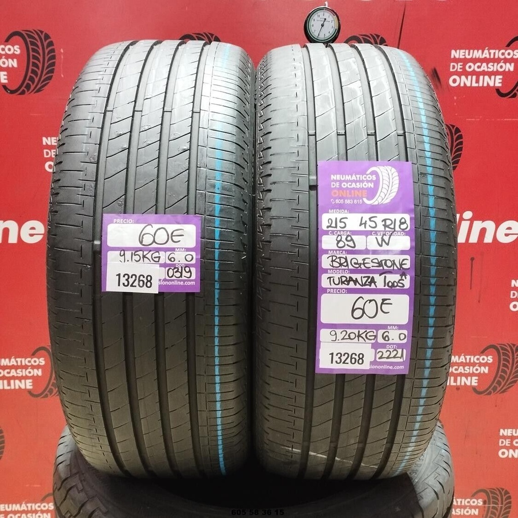 2x 215 45 R18 89W BRIDGESTONE TURANZA T005 6.0/6.0mm REF:13268