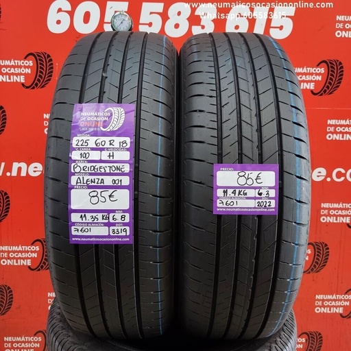 [Ref.7601] 2x 225 60 R18 100H 6.8/6.3mm Bridgestone Alenza 001 Ref.76601