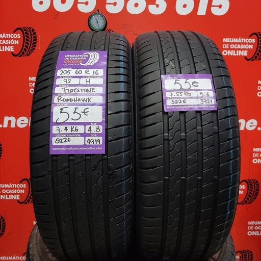 [Ref.5226] 2x 205 60 R16 92H 4.8/5.6mm Firestone Roadhawk Ref.5226