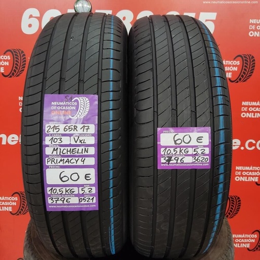 [Ref.3796] [Ref.3796] 2x 215 65 R17 103V XL S1 5.2/5.2mm Michelin Primacy 4 Ref.3796