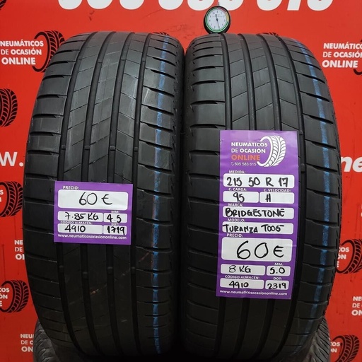 [Ref.4910] [Ref.4910] 2x 215 50 R17 95H 4.5/5.0mm Bridgestone Turanza Too5 Ref.4910