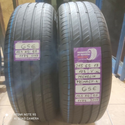 [Ref.1174] [Ref.1174] 2 x 215 65 R 17 103V XL S1 5.0/5.0mm Michelin Primacy4 Réf. 1174