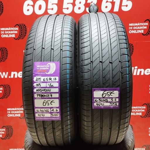 [Ref.9591] 2x 215 65 R17 103VXL MICHELIN PRIMACY4  4.6/5.2mm REF:9591