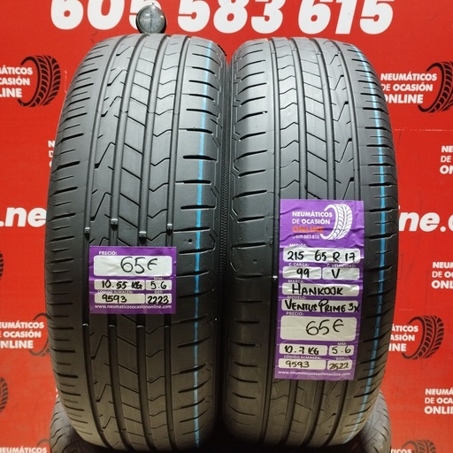 [Ref.9593] 2x 215 65 R17 99V HANKOOK VENTUS PRIME 3X 5.6/5.6mm REF:9593