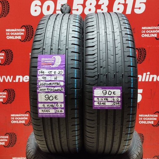 [Ref.9646] 2x 195 55 R20 95H CONTINENTAL CONTIECO CONTACT5 6.3/6.0mm REF:9646