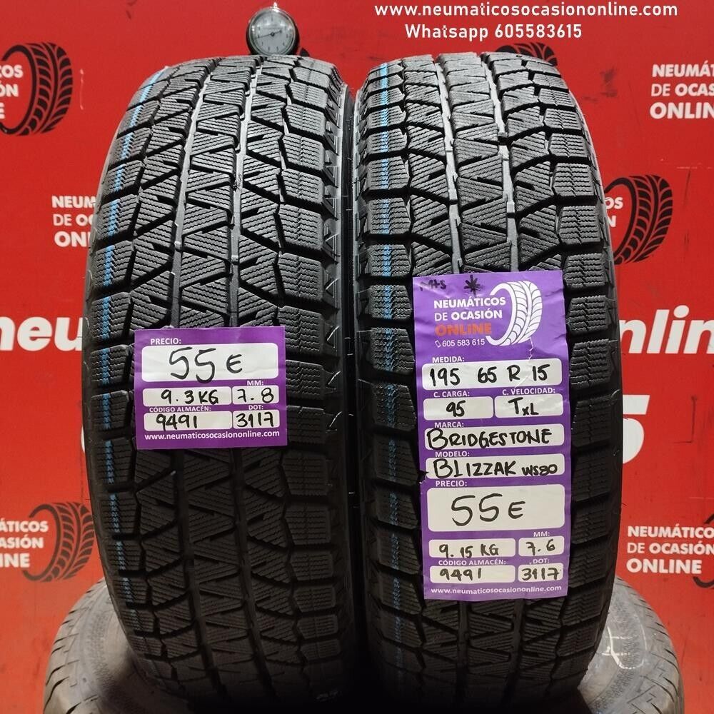 2x 195 65 R15 95TXL BRIDGESTONE BLIZZAK WS80 7.8/7.6mm REF:9491