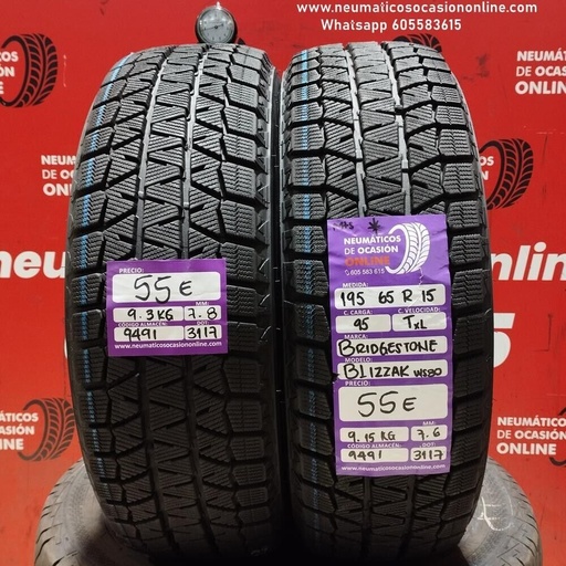 [Ref.9491] 2x 195 65 R15 95TXL BRIDGESTONE BLIZZAK WS80 7.8/7.6mm REF:9491