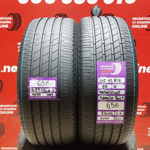 [Ref.9595] 2x 215 45 R18 89W BRIDGESTONE TURANZA T005A 5.6/5.6mm REF:9595