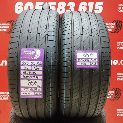 [Ref.9758] 2x 225 55 R18 102VXL MICHELIN PRIMACY4 S1 SUV 5.2/5.2mm REF:9758