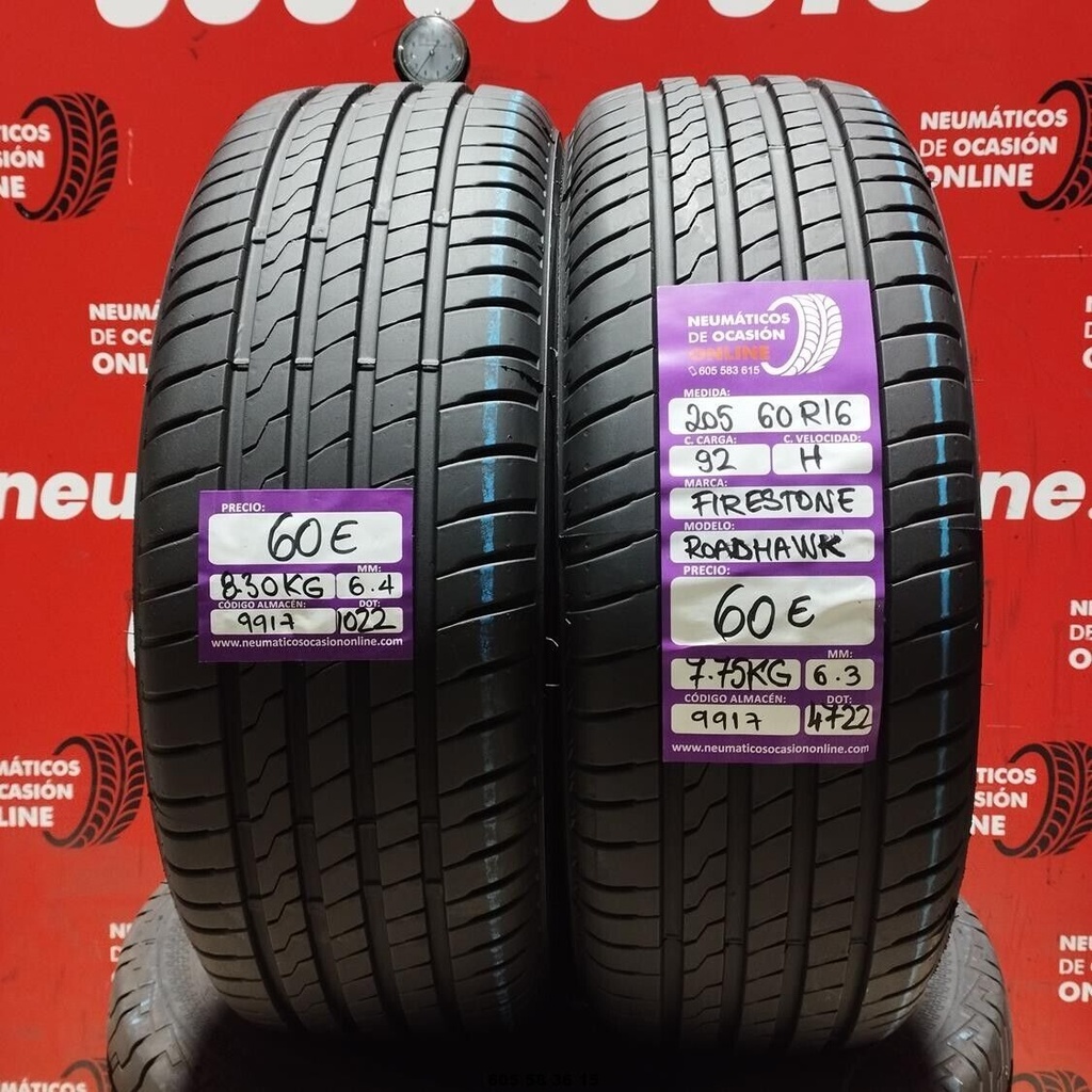 2x 205 60 R16 92H FIRESTONE ROADHAWK 6.4/6.3mm REF:9917