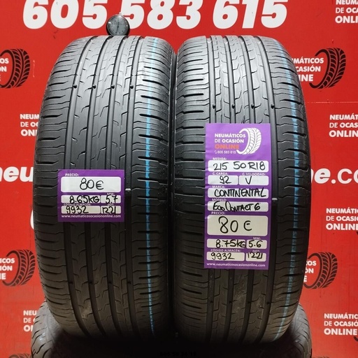 [Ref.9932] 2x 215 50 R18 92V CONTINENTAL ECOCONTACT6 5.7/5.6mm REF:9932