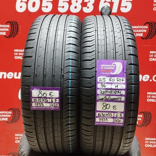 [Ref.9933] 2x 215 60 R17 96H CONTINENTAL CONTIECO CONTACT5 6.7/6.8mm REF:9933